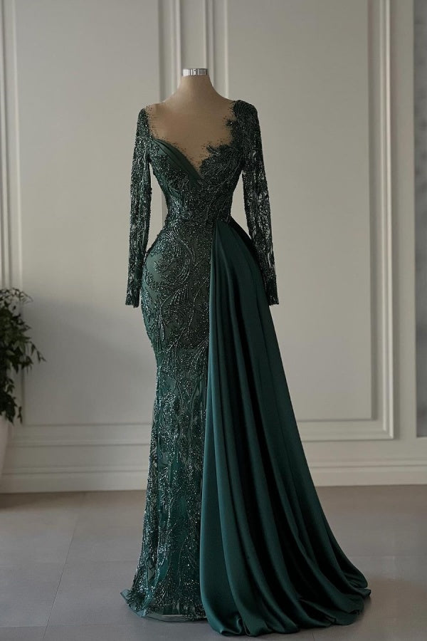 Elegant Dark Green Luxurious Embroidery Mermaid Prom Dress With Satin Trailing ssr0179