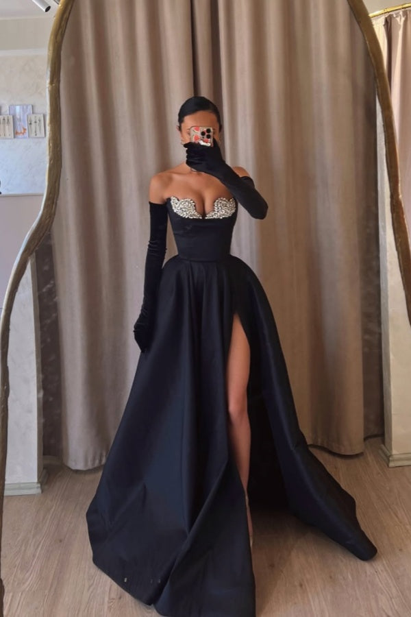 Formal Black Strapless Split Beaded A-Line Prom Dress With Velvet Gloves ssr0534