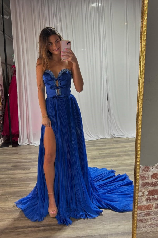 Royal Blue Strapless Split Bow-knot Chiffon Prom Dress ssr0501
