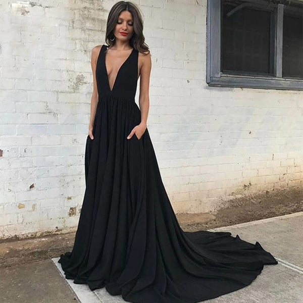 SSR0292,Sexy black deep v-neck satin prom dresses a line evening party dress formal gown long