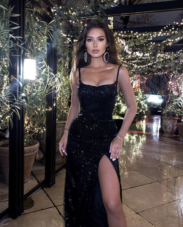 SSR0268,Black sleeveless evening gown black prom dress square neck mermaid high slit evening dresses