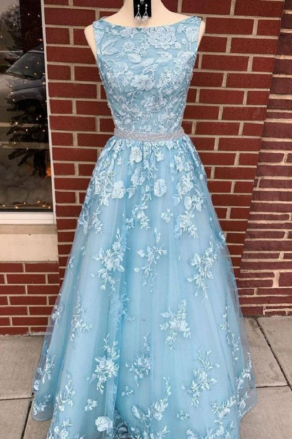 SSR1317,Light blue applique lace prom dresses long evening dress