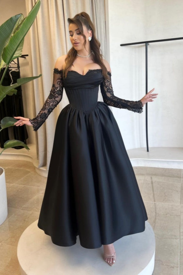 Black Lace Sleeves Strapless Prom Dress ssr0279