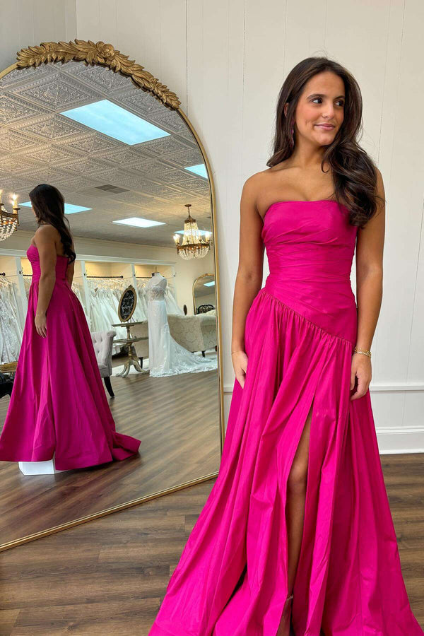 Fuchsia Strapless Taffeta A-line Long Formal Dress