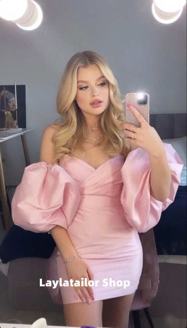 SSR1199,Sweet pink sweetheart homecoming dresses,bubble sleeves short prom evening dress