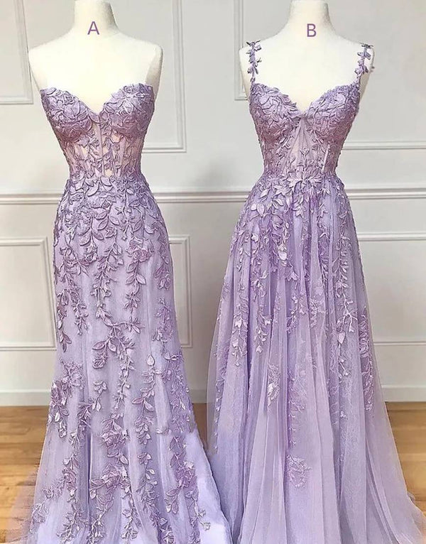 Elegant Lavender Lace Applique Long Prom Dresses