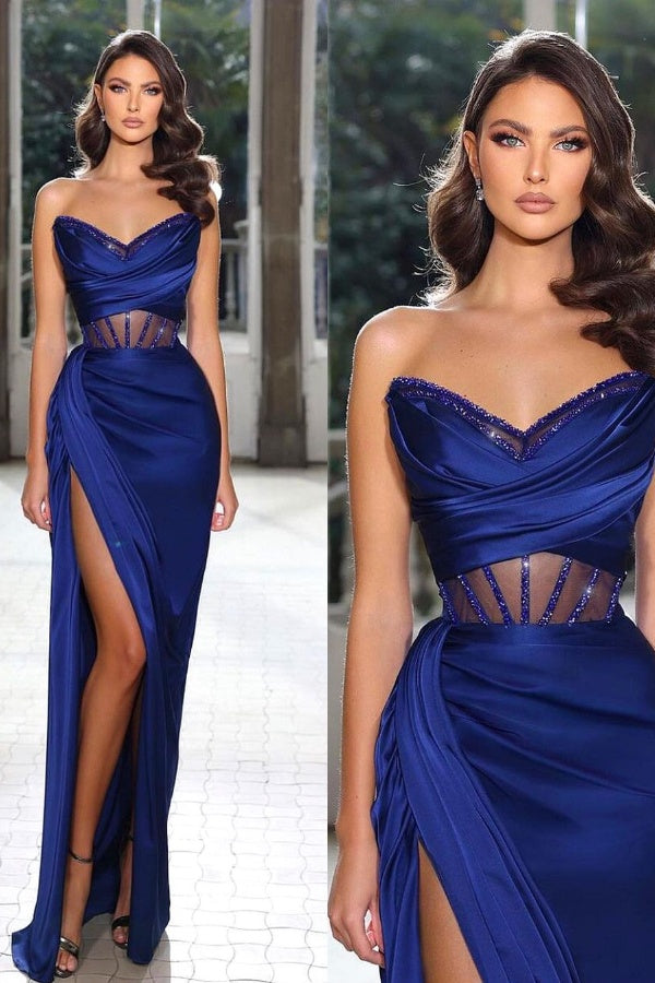 Royal Blue Strapless Satin Butterfly Neckline Prom Dress With High Split ssr0174