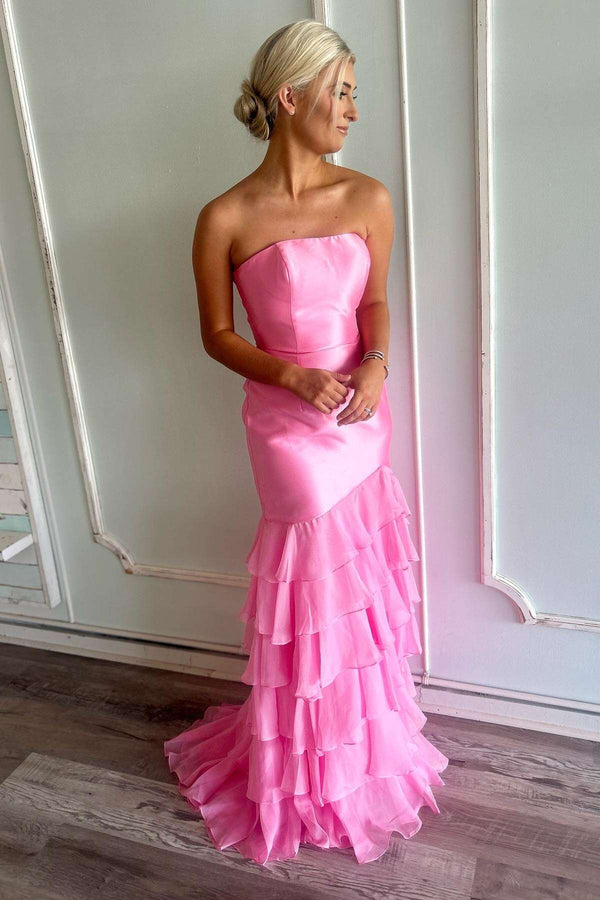 Strapless Pink Fitted Ruffle Long Party Dress