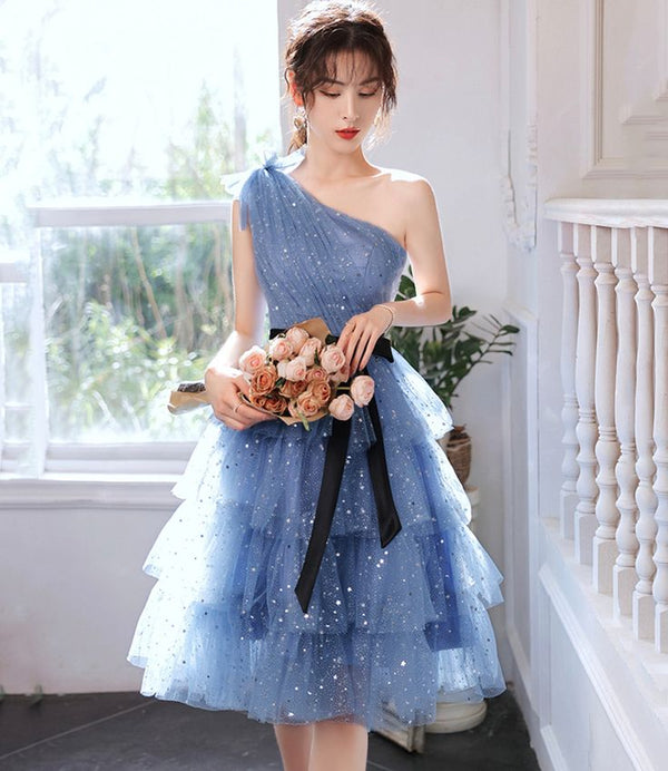 SSR1766,Dream Blue One Shoulder Homecoming Dress, Sparkle Starry Tulle Prom Hoco Dress