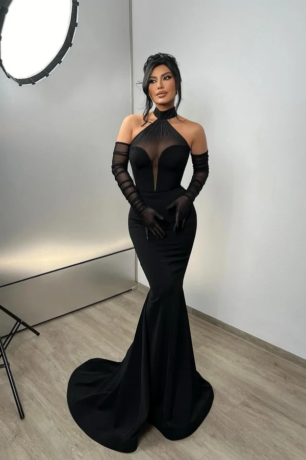 Black Halter Long Mermaid Prom Dress With Gloves ssr0047