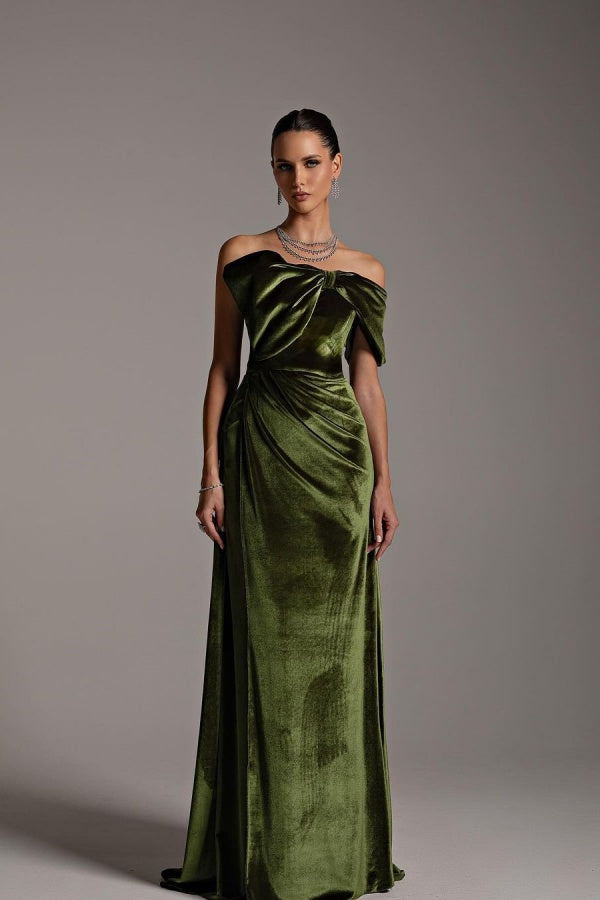 Green Velvet Bow Neckline Strapless Prom Dress ssr0304