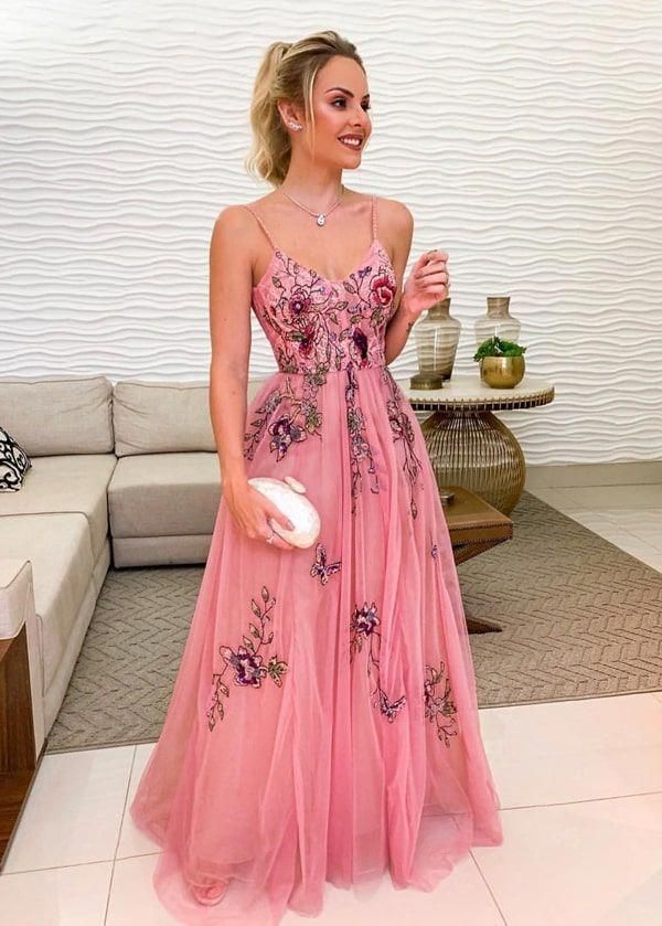 SSR1347,Pink Embroidery A Line Spaghetti Straps Tulle Long Floral Appliques Prom Dresses