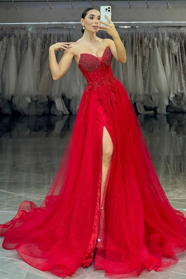 Red Tulle Strapless Split Beaded Prom Dress ssr0456