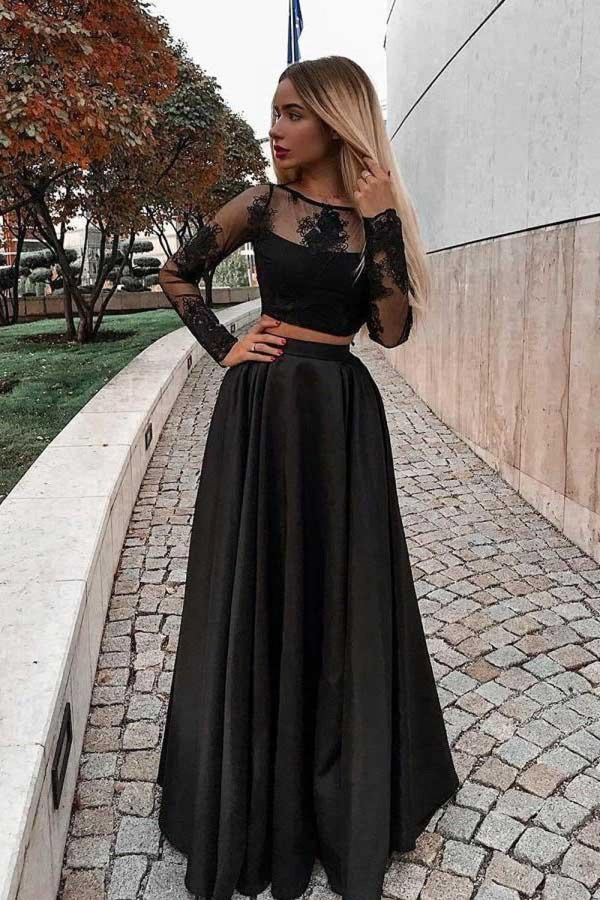SSR0082,Two piece black lace top long sleeves a-line prom evening dresses party gown