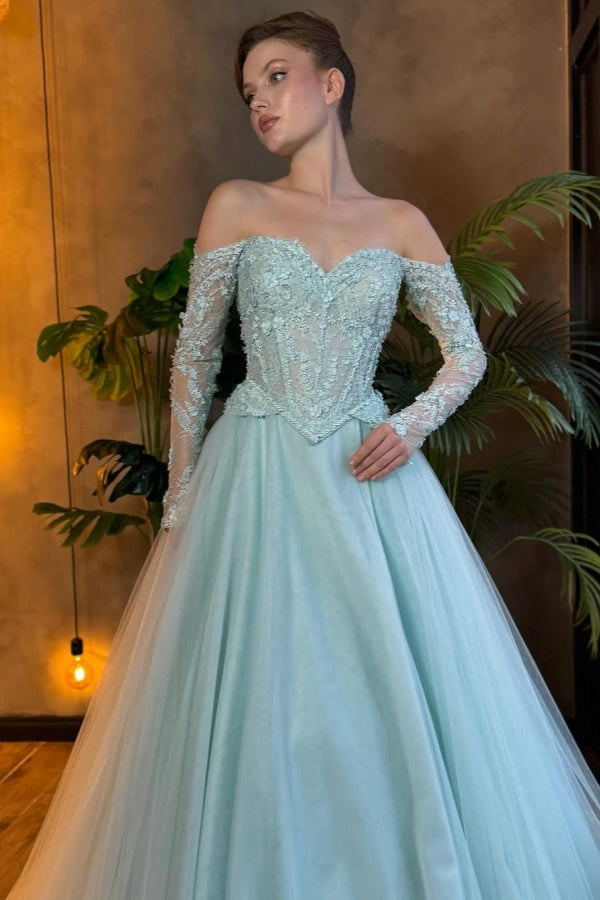 Strapless Off-The-Shoulder Appliques Tulle Prom Dress With Long Sleeves ssr0477