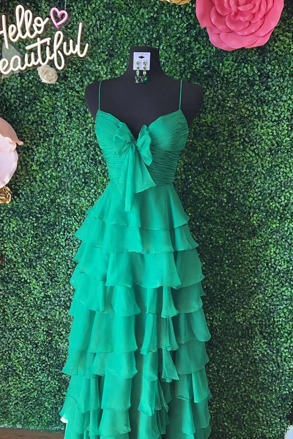 Straps Green Chiffon Tiered Ruffle Party Dress