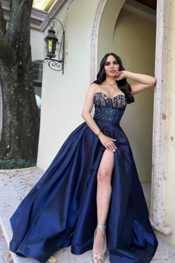 Dark Blue Split Sweetheart Sequins Prom Dress ssr0499