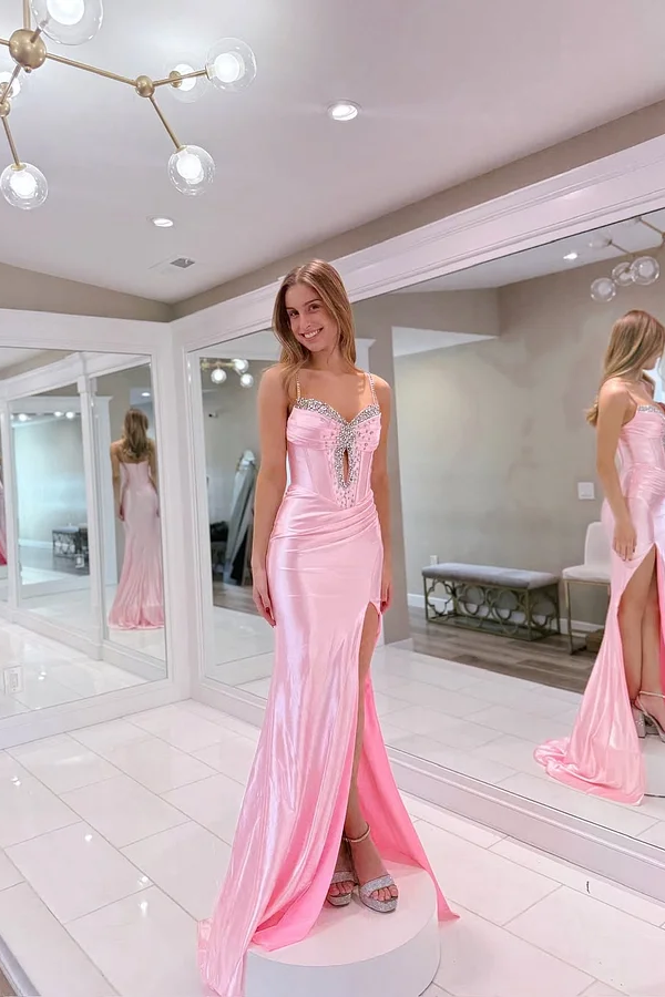 Candy Pink Split Lovely Beaded Prom Dress ssr0528