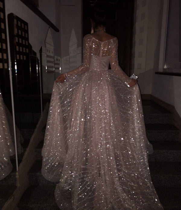 SSR1803,Shining Pink Sequin Long Homecoming Prom Dress, See Through Long Sleeves Party Formal Gown
