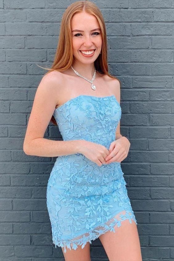 SSR1136,Sexy Bodycon Strapless Short Blue Lace Tight Homecoming Dresses