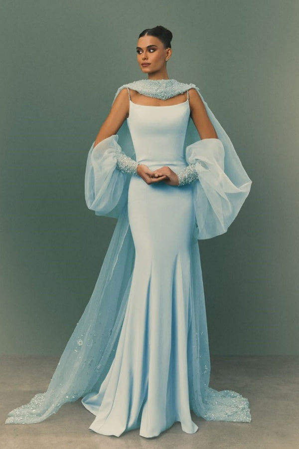 Chic Sky Blue Spaghetti-Straps Mermaid Prom Dress With Tulle Appliques Train ssr0622