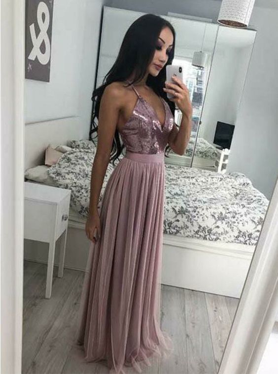 SSR0546,Pink Spaghetti Straps Long Prom Dresses Tulle Halter Mini Evening Gown