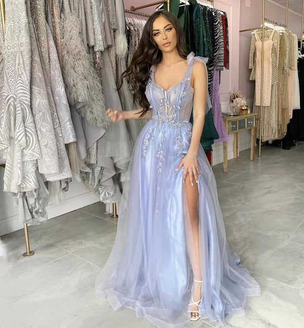 SSR0851,Princess lavender a-line applique prom dresses side slit evening long gown