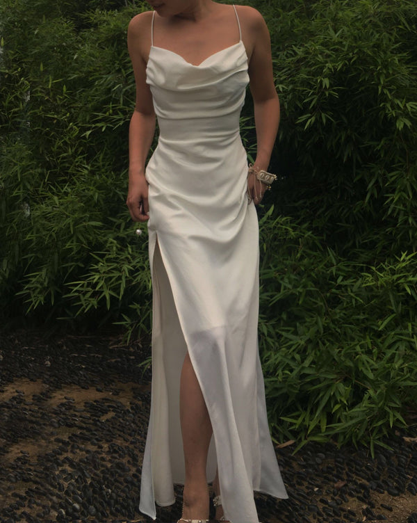 SSR0391,Ivory sheath long prom dresses spaghetti straps evening dress formal gown split satin wedding dresses