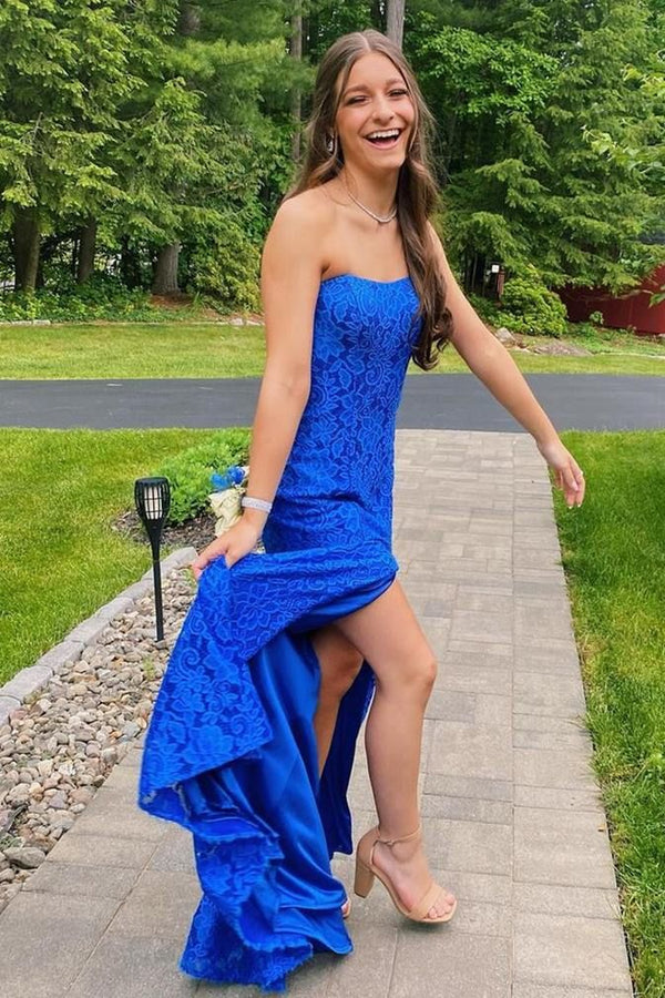 SSR1661,Elegant Lace Strapless Royal Blue Prom Dresses with Slit