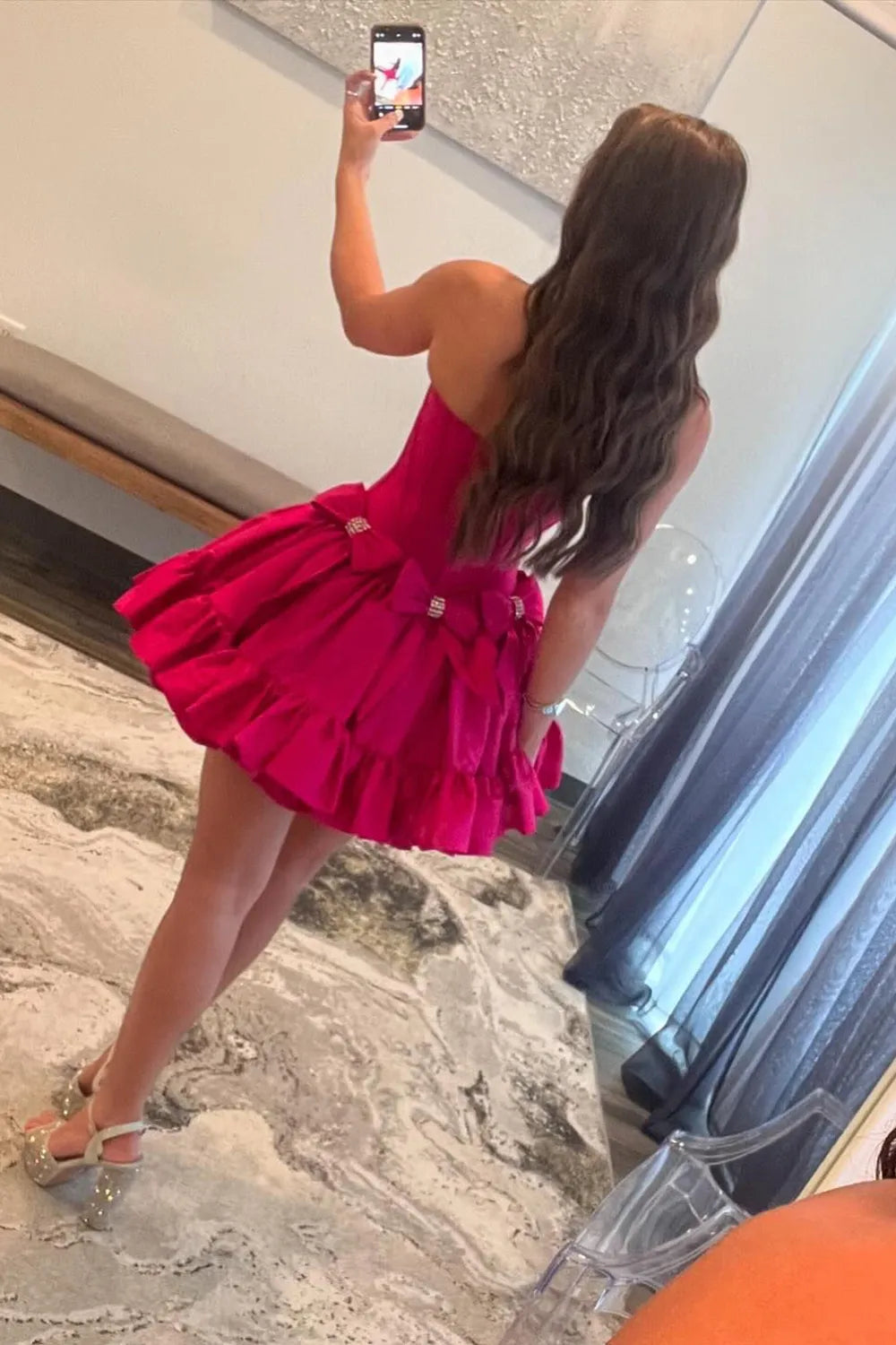 Cute A Line Strapless Hot Pink Short Homecoming Dress with Beading, SSR1227