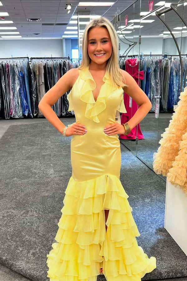 V Neck Yellow Ruffle Mermaid Long Prom Dress