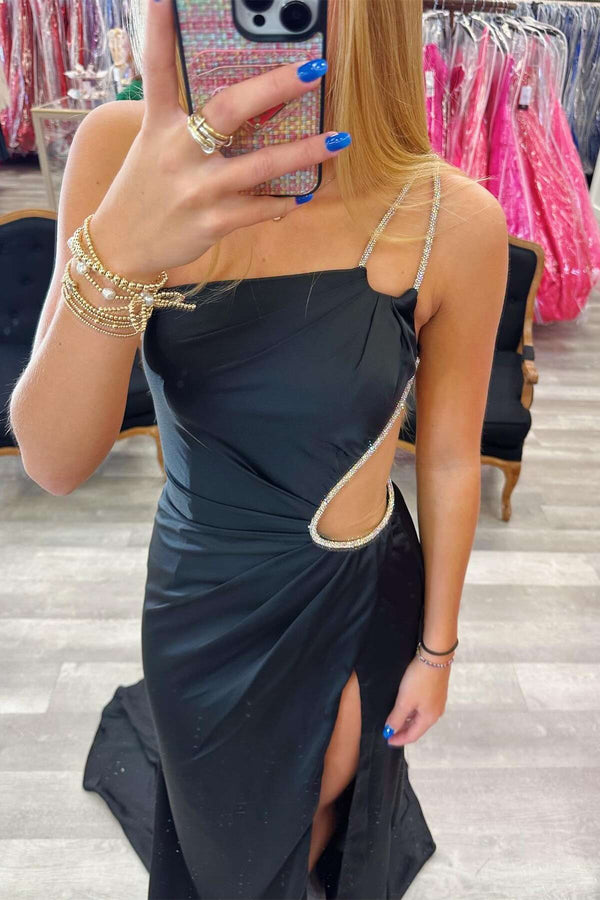 Beaded One Shoulder Black Cutous Long Prom Dress