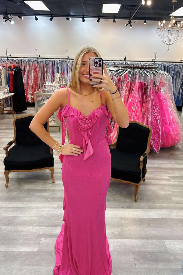 Straps Hot Pink Open Back Prom Dress with Flowers