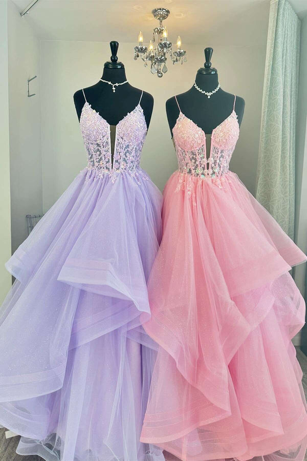 Spaghetti Straps Lavender Appliques A-line Ruffle Gown