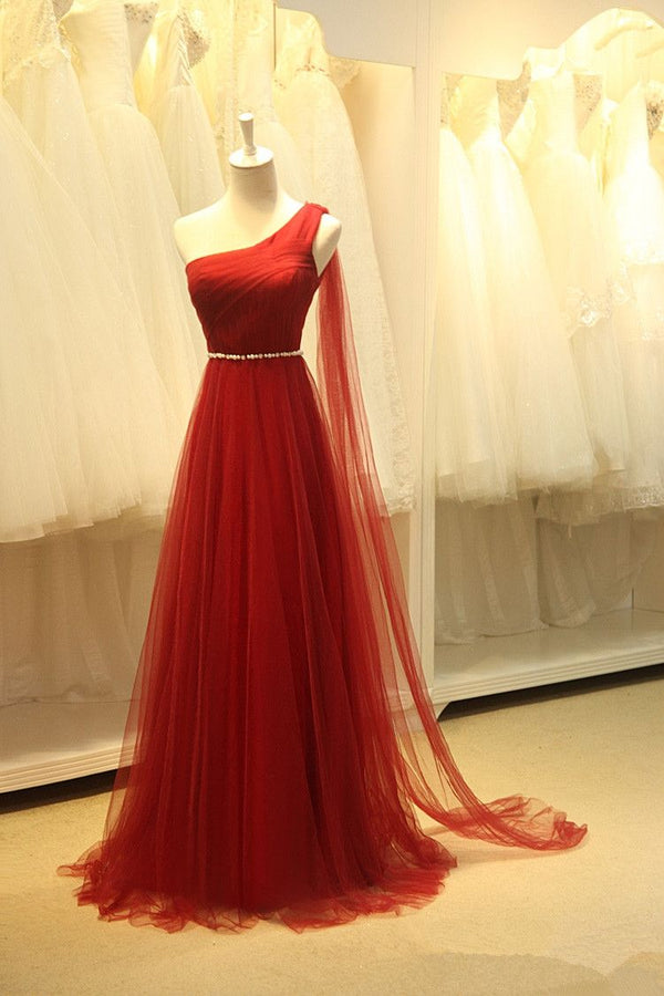 SSR0364,One shoulder tulle prom dresses beaded belt long prom dress evening formal gown with sash