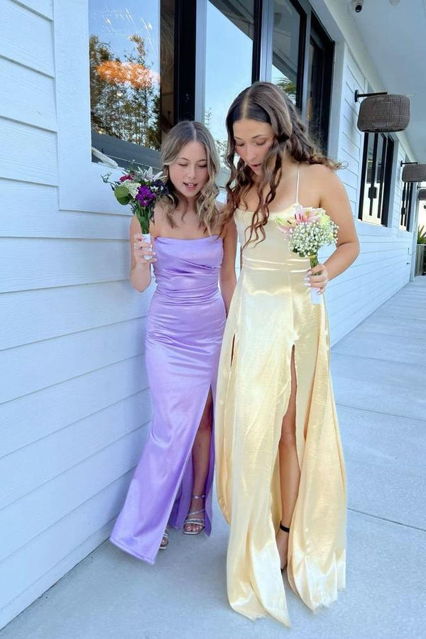 Straps Yellow Maxi Dress With Slit
