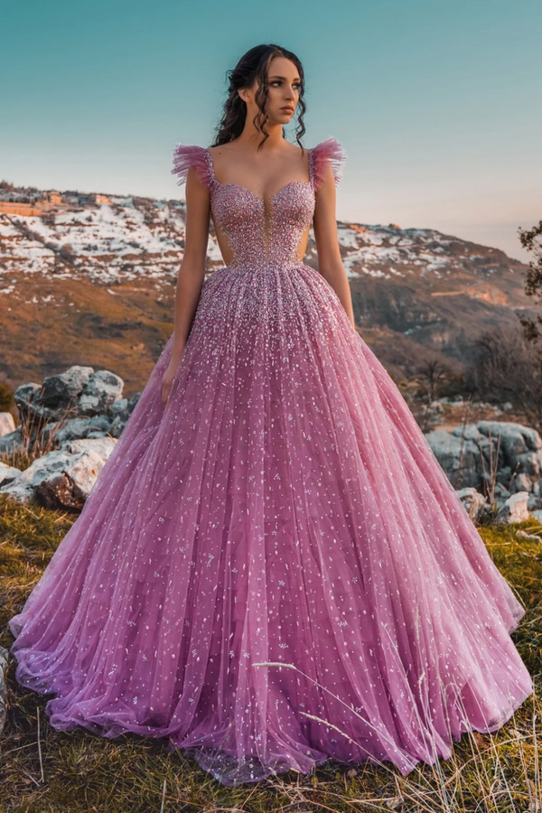 SSR1848,Princess Pink Beaded A-Line Tulle Long Prom Evening Dresses