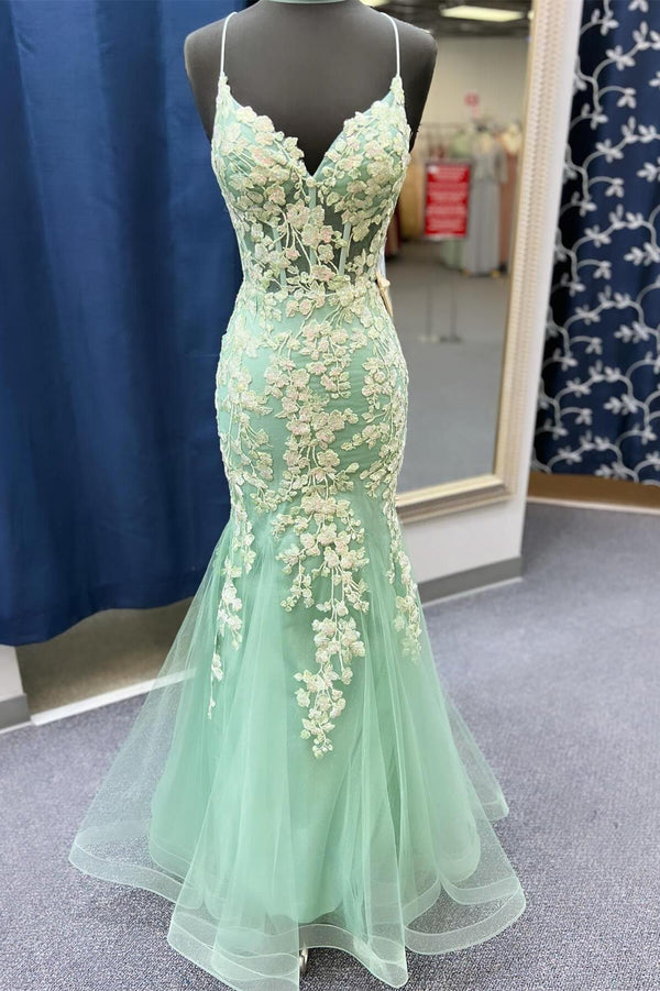 Straps Sage Green Lace Appliques Mermaid Long Prom Dress