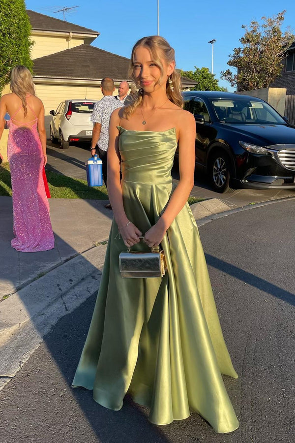 Strapless Sage Green Satin A-line Long Formal Gown