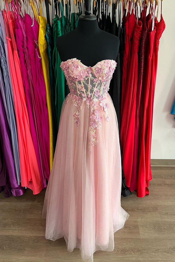 Sweetheart Pink Tulle A-line Long Prom Dress