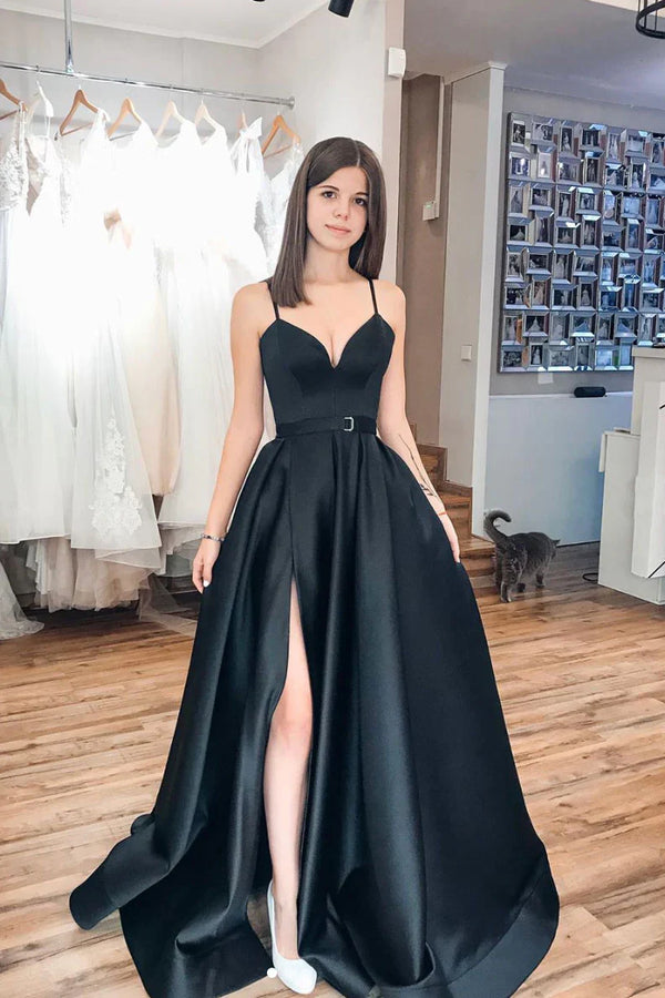 SSR1588,Spaghetti straps black a-line satin split prom dresses