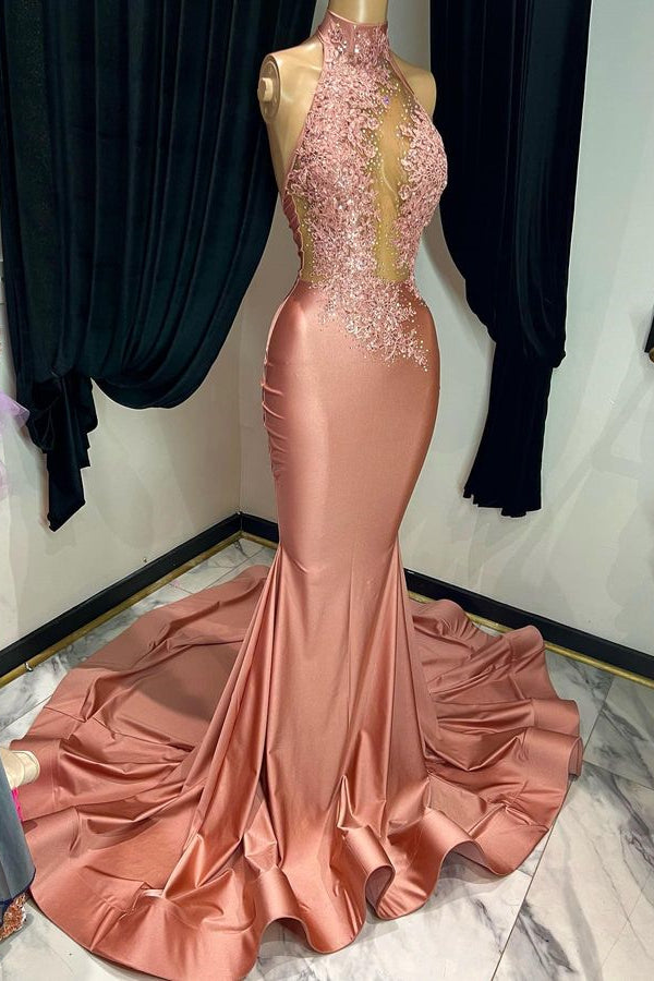 Coral Red Mermaid Prom Dress Sleeveless Halter Appliques YL0079