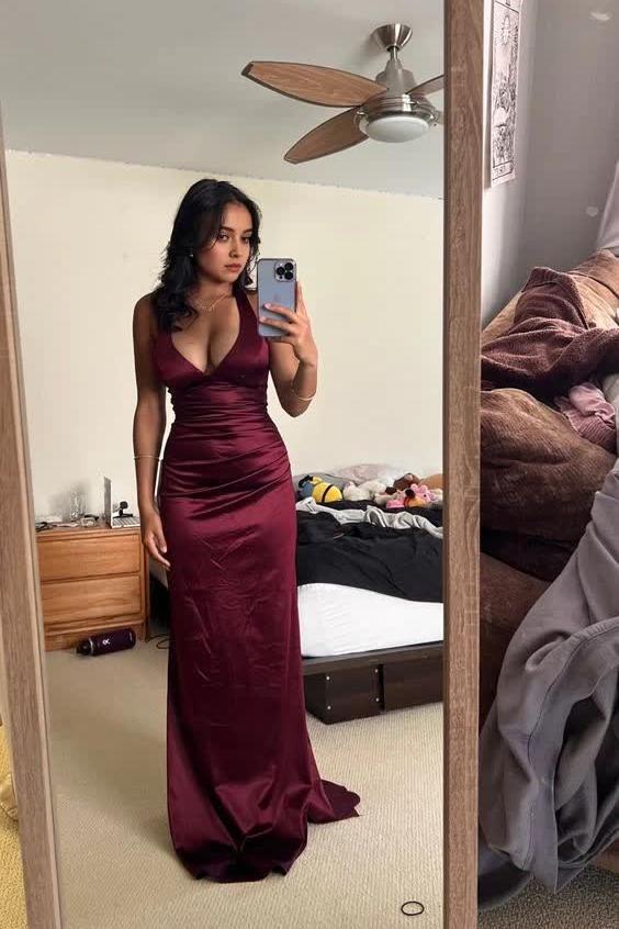 V Neck Burgundy Satin Fitted Long Party Dress