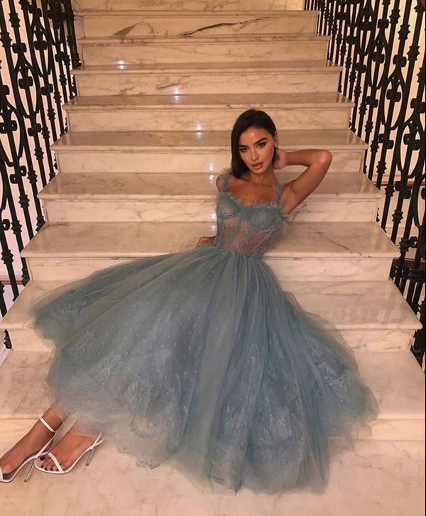 SSR0117,Cute lace homecoming dress, lace straps a line tea length prom dress