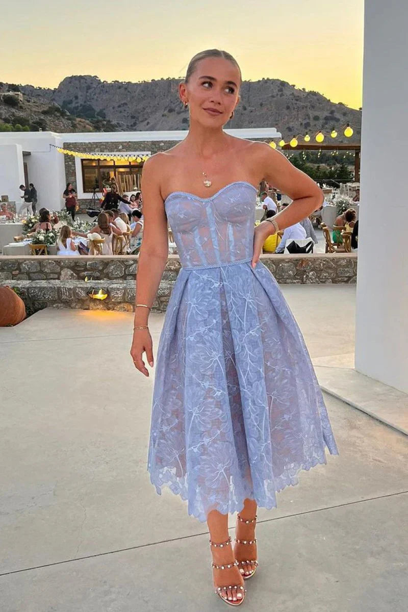 Charming A Line Sweetheart Lilac Tulle Tea Length Party Dress with Appliques, SSR1231