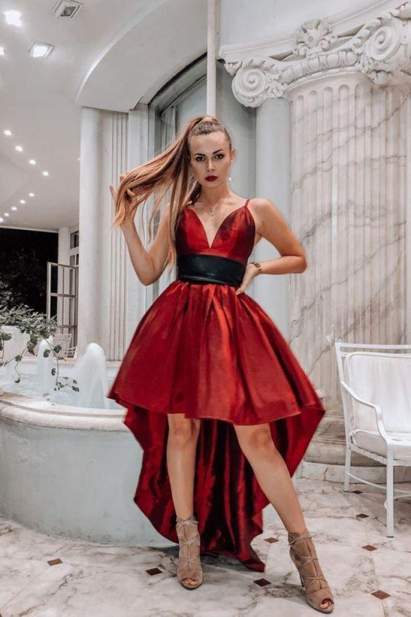 SSR1304,Spaghetti straps high low red homecoming dresses