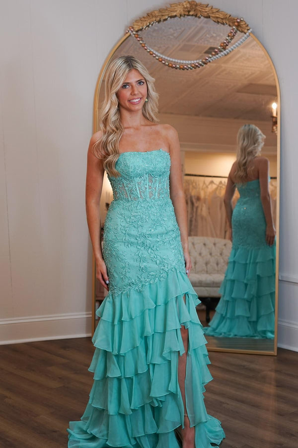 Strapless Teal Lace Appliques Fitted Ruffle Prom Dress