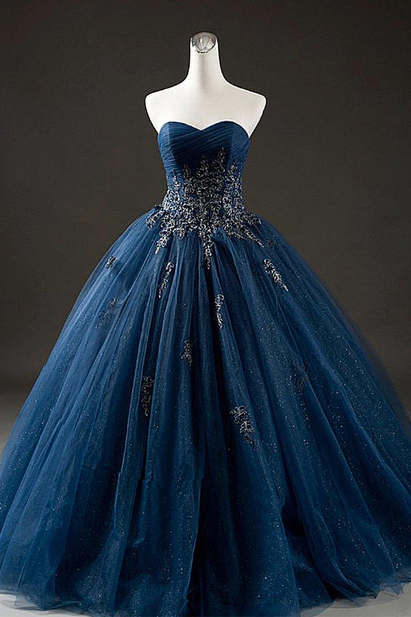 SSR0194,Elegant Navy Blue Sweet 16 Dresses Tulle Sweetheart Neck Long Formal Prom Dress With Lace Applique