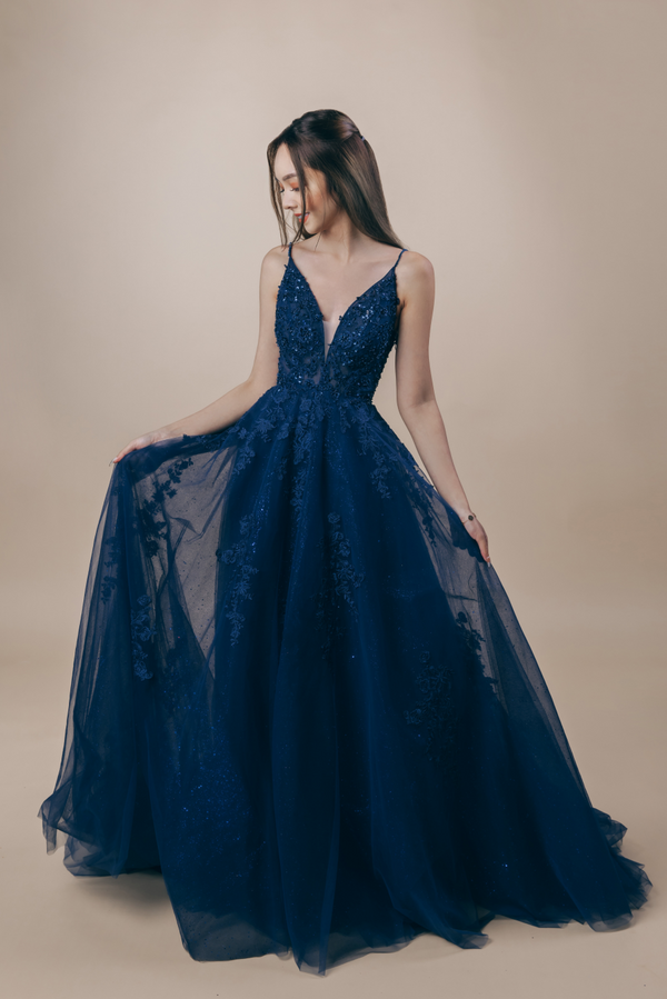 SSR1643,Dark Blue Lace Prom Dresses,Applique Tulle A-Line Evening Prom Dress