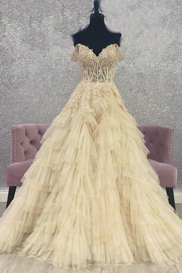 Off the Shoulder Champagne Appliques Tiered Ruffles Prom Gown